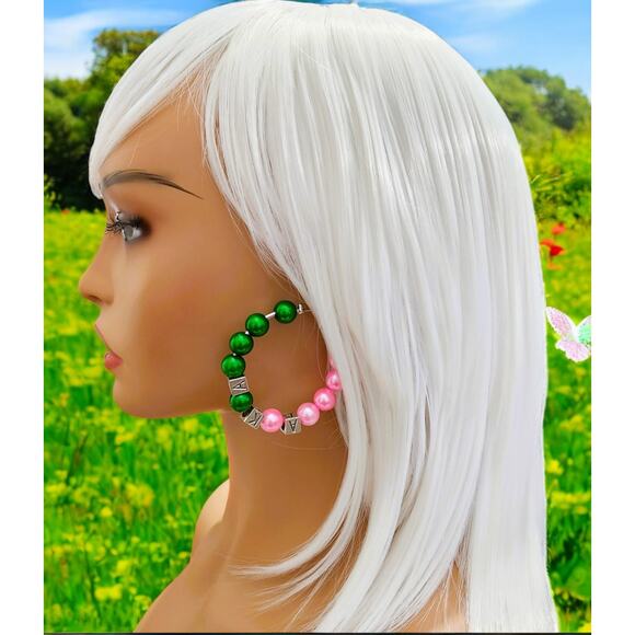 AKA Alpha Kappa Alpha Earrings Small Hoops Pink and Green - Picture 2 of 6